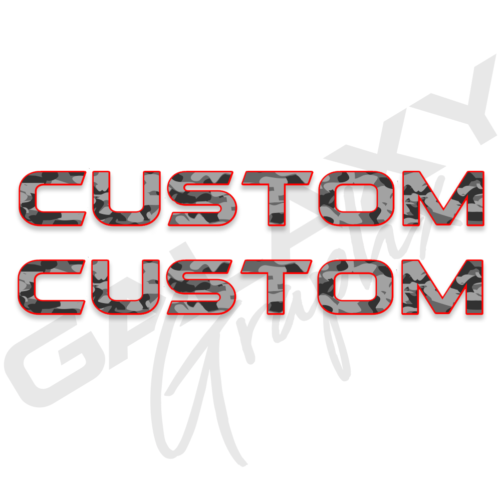 Custom Hood Lettering Decals Camo Grey with Red Outline