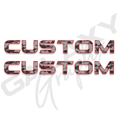 Custom Hood Lettering Decals Camo Grey with Red Outline